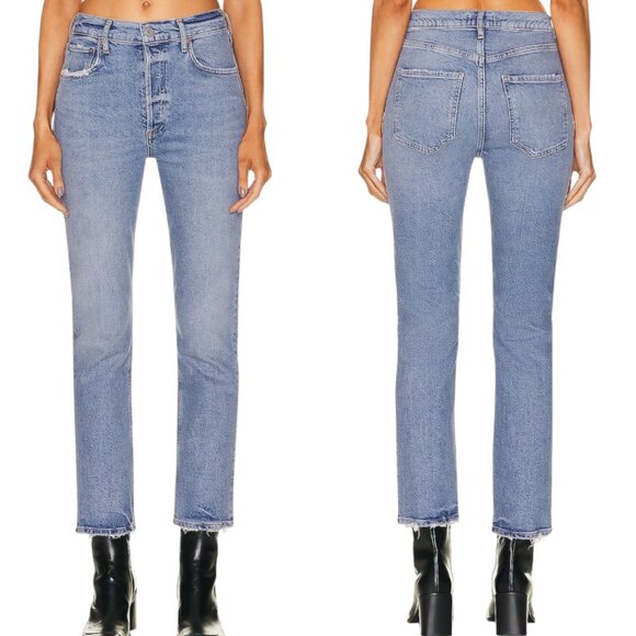 Agolde Riley Long Straight Leg Jeans Size 27 In Cove Wash Faded Denim Distressed - Picture 1 of 15